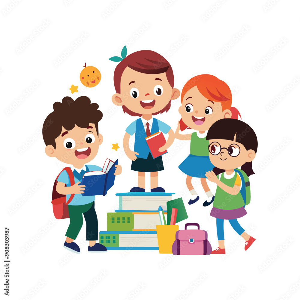 Cartoon Childrens Going Back To School on a white background Cartoon Childrens Going Back To School on a white background