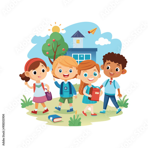 Cartoon Childrens Going Back To School on a white background