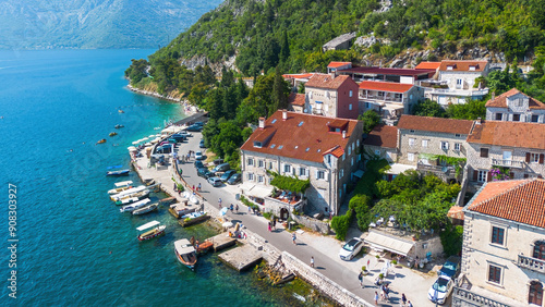 Aerial view of the town of Perast on the coast of the Adriatic Sea in the Bay of Kotor, Montenegro