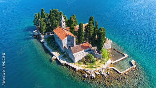 Aerial view of the natural island of Saint George (Sveti Dorde) in the Bay of Kotor off the coast of Perast, Montenegro photo