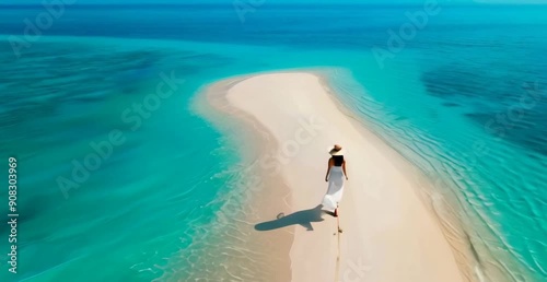 Aerial view a woman walking along the waters of Shoal Bay Beach with crashing waves and palm trees on the island of Anguilla.