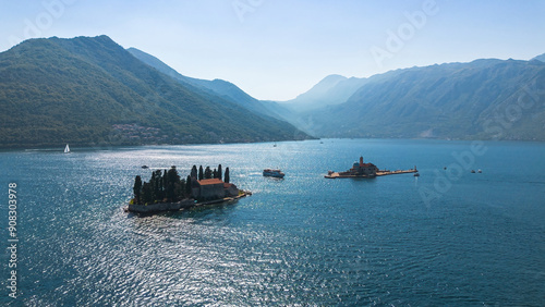 Aerial view of the islets of Our Lady of the Rocks (Gospa od Å krpjela) and of Saint George (Sveti Dorde) in the Bay of Kotor off the coast of Perast, Montenegro photo