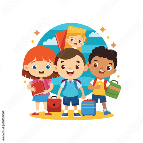Cartoon Childrens Going Back To School on a white background