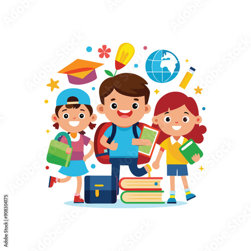 Cartoon Childrens Going Back To School on a white background