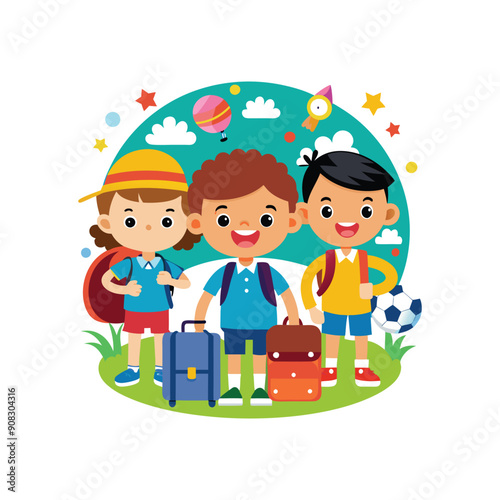 Cartoon Childrens Going Back To School on a white background