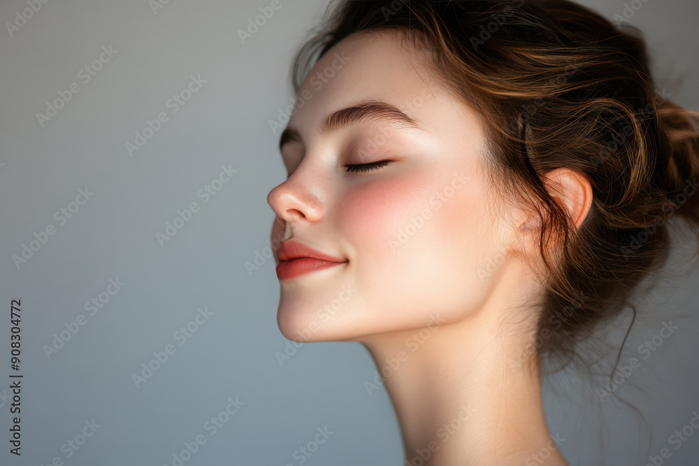 A close up of a girl's face with her eyes closed