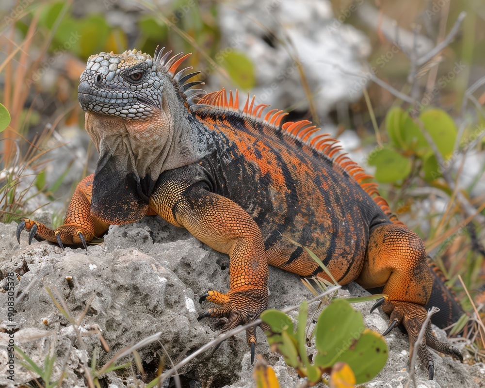 Vibrant orange and black iguana resting on rocky terrain amidst sparse vegetation in a natural, outdoor habitat Vibrant orange and black iguana resting on rocky terrain amidst sparse vegetation in a natural, outdoor habitat
