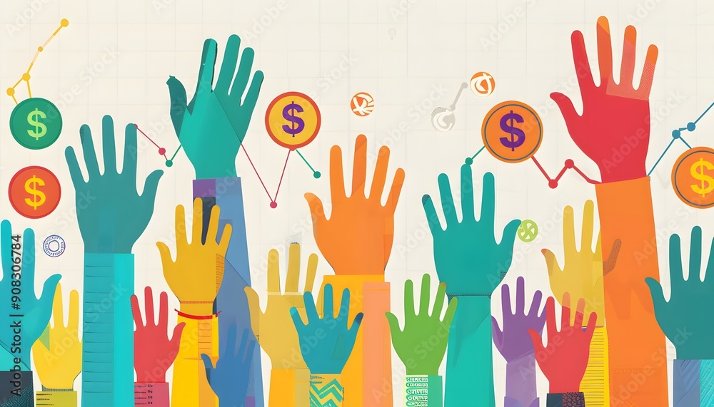 Fototapeta premium Colorful hands reaching up with dollar signs, symbolizing growth, opportunity, and collective success.
