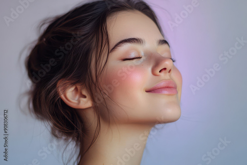 A close up of a girl's face with her eyes closed