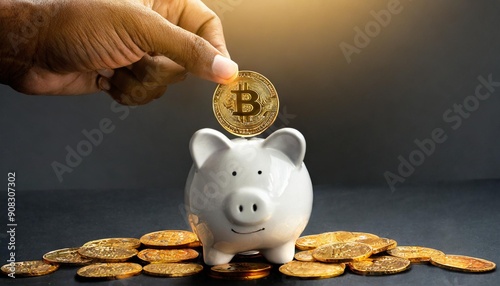 Cryptocurrency savings concept,white piggy bank with human male hand inserting golden bitcoin coin token inside,isolated on black background with a shiny orange patch of light in foreground,copy space photo