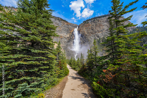 Trail leading to the Takakkaw Falls in Yoho National Park, British Columbia, Canada - Fed by the meltwater of the Daly Glacier, they are the second highest in Canada photo