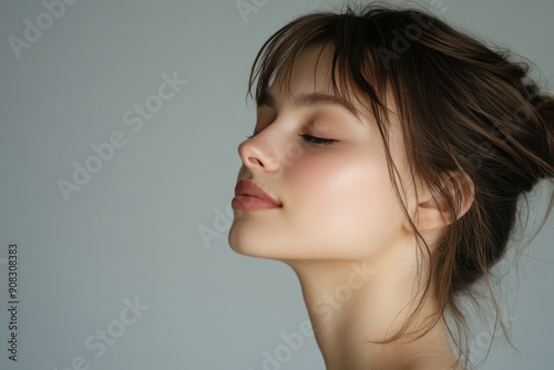 A close up of a girl's face with her eyes closed