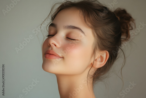 A close up of a girl's face with her eyes closed