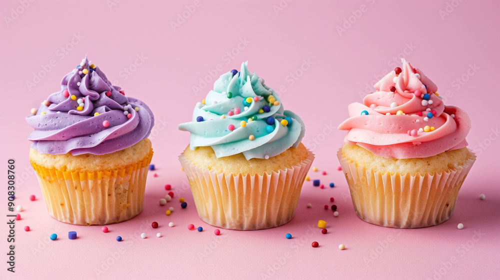 Food photography of cupcakes with sprinkles and berries on the top of it pink background. Blank space for text, copy space. Wallpaper for advertisement, celebration of cupcake day, birthday card. Food photography of cupcakes with sprinkles and berries on the top of it pink background. Blank space for text, copy space. Wallpaper for advertisement, celebration of cupcake day, birthday card.