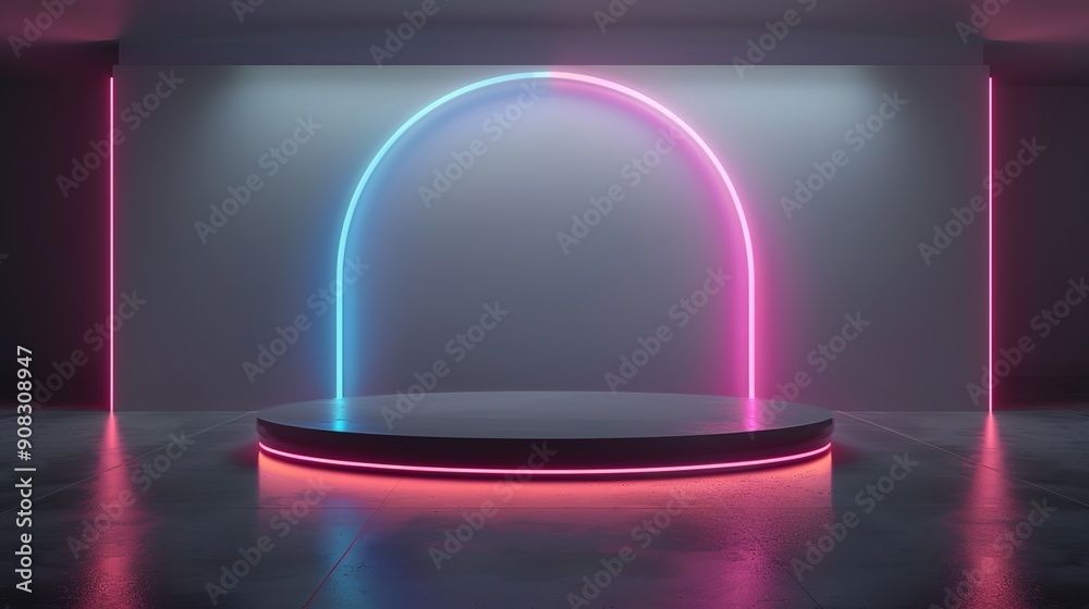 Illuminated Futuristic Podium for High-Tech Product Discounts in Neon Lights Illuminated Futuristic Podium for High-Tech Product Discounts in Neon Lights