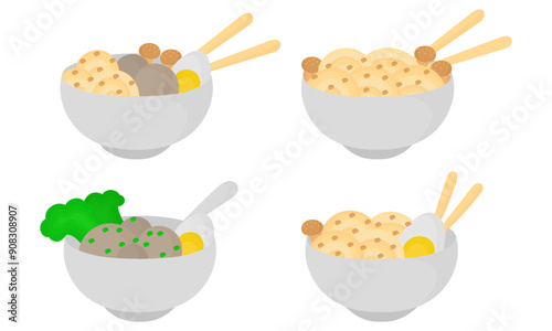 illustration of noodles and eggs, and noodles and meatballs redesign