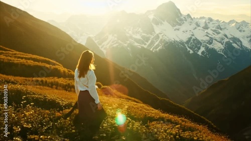 Close up view of charming european young woman tourist walking up the hill mountains relaxing enjoying the amazing view trip adventure landscape outdoor pure nature slow motion close up. 4k 60fps