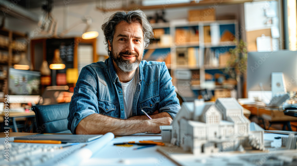 A man is sitting at a desk with a house model in front of him A man is sitting at a desk with a house model in front of him