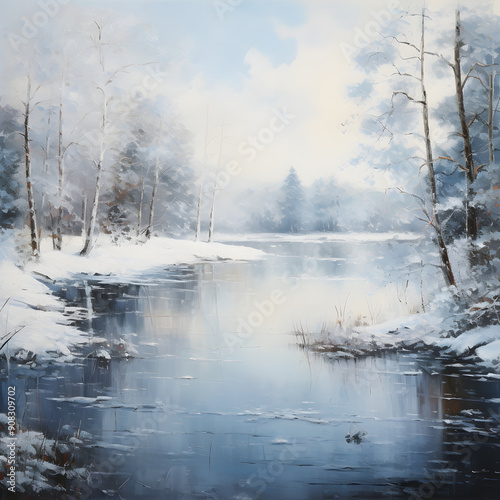 Serene Winter Solitude: A Pristine Frozen Lake Surrounded by a Snow-covered Forest