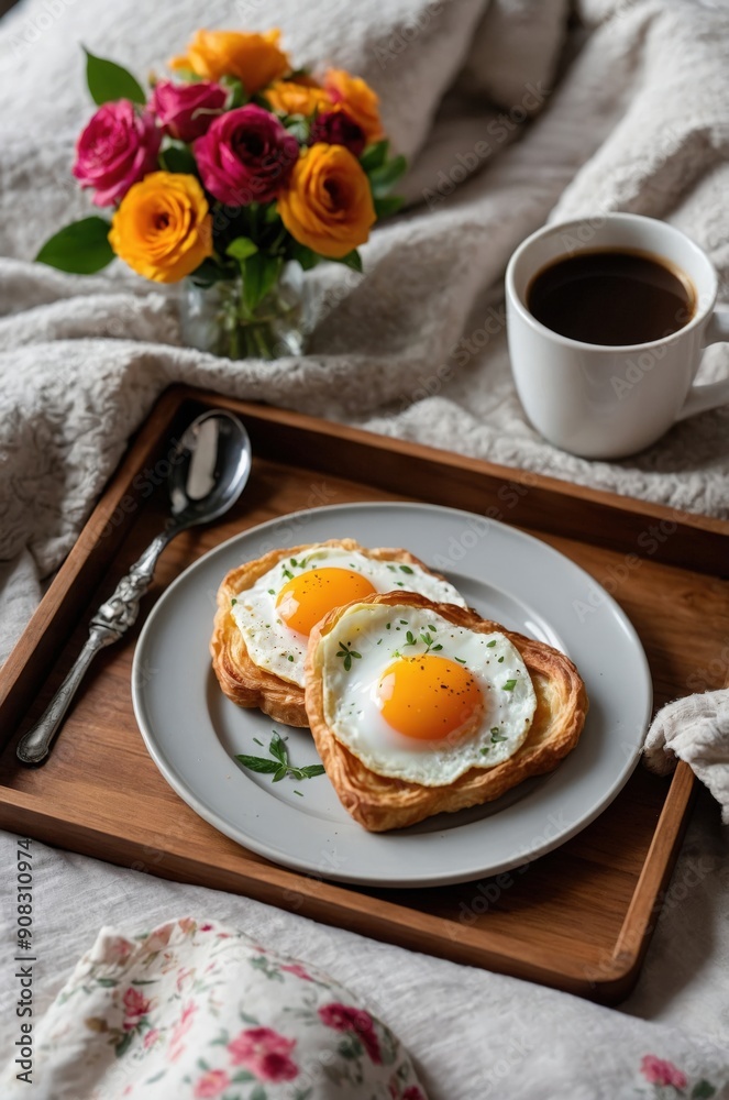 A cozy breakfast in bed featuring sunny-side-up eggs on toast, a cup of coffee, and a vase of colorful flowers on a wooden tray.
A cozy breakfast in bed featuring sunny-side-up eggs on toast, a cup of coffee, and a vase of colorful flowers on a wooden tray.
