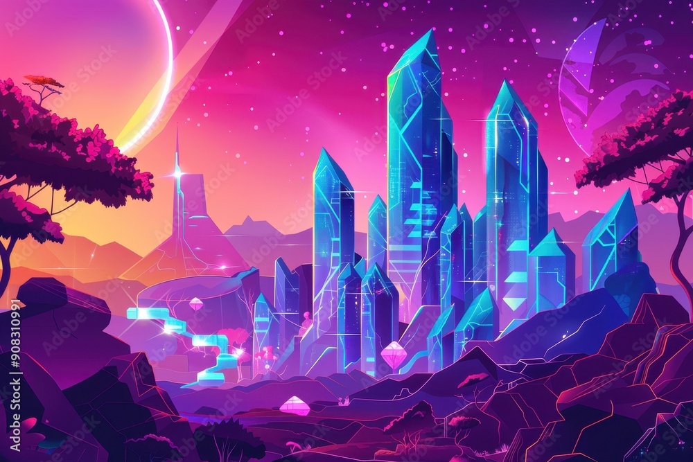 Crystal Cityscape Under a Pink Sky with Stars Crystal Cityscape Under a Pink Sky with Stars