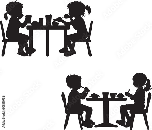Silhouette of children eating lunch at breaktime in school, canteen vector icon