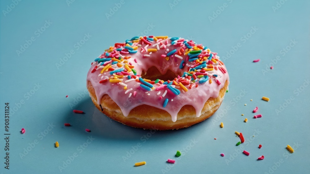 A delicious donut with pink frosting and colorful sprinkles, set against a light blue background, creating a fun and vibrant image.
A delicious donut with pink frosting and colorful sprinkles, set against a light blue background, creating a fun and vibrant image.