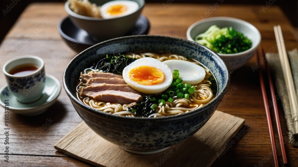 A steaming bowl of traditional Japanese ramen topped with a soft-boiled egg, pork, and vegetables, served with tea in a cozy setting.
A steaming bowl of traditional Japanese ramen topped with a soft-boiled egg, pork, and vegetables, served with tea in a cozy setting.
