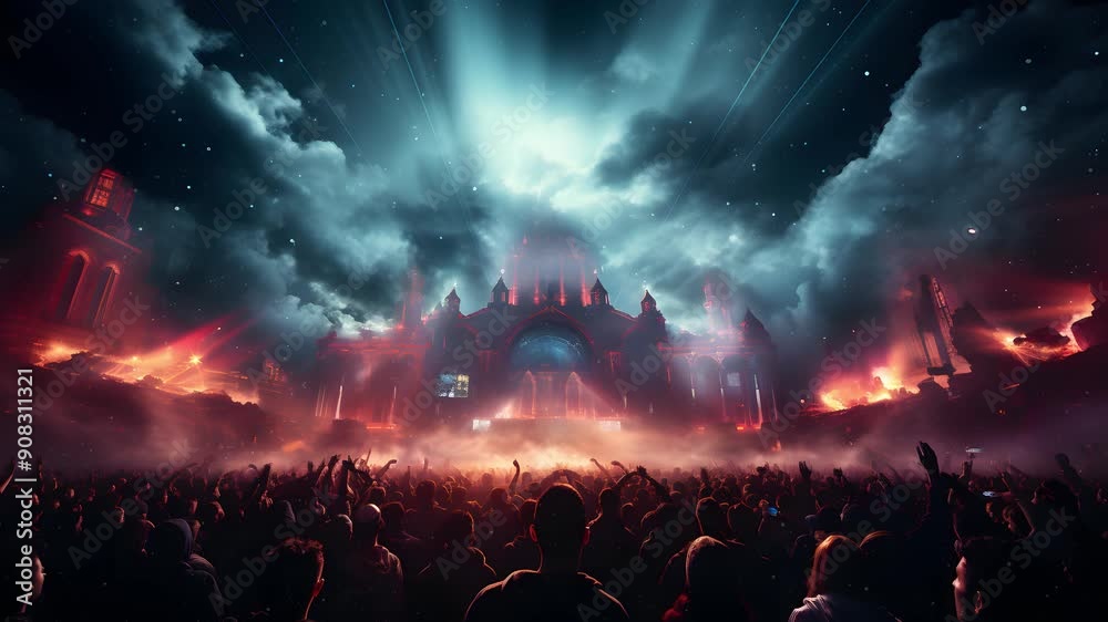 A large crowd of people are at a concert, dancing and cheering. The stage is illuminated with bright lights and fireworks.