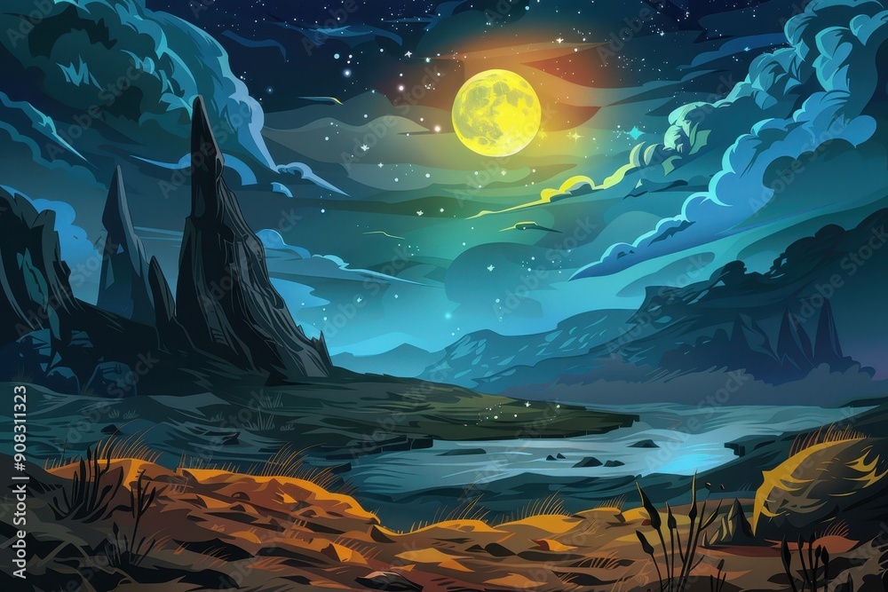 A Nighttime Landscape with a Full Moon and Silhouettes of Mountains A Nighttime Landscape with a Full Moon and Silhouettes of Mountains