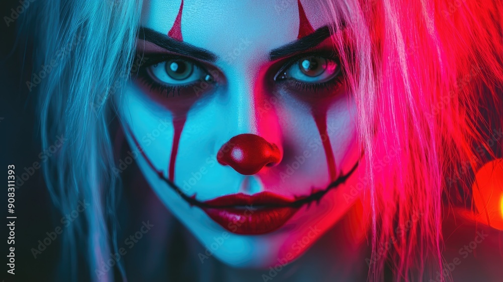 Fototapeta premium Caucasian female with clown makeup, intense gaze, illuminated by vibrant lighting