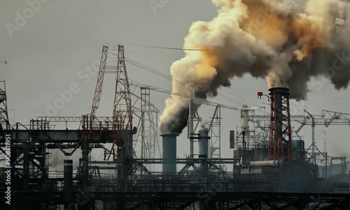 Industrial Emissions: A stark silhouette of a factory spewing thick smoke into the overcast sky, highlighting the environmental impact of heavy industry.