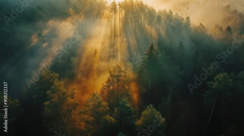 Foggy morning green pine forest scenery from drone aerial view nature background