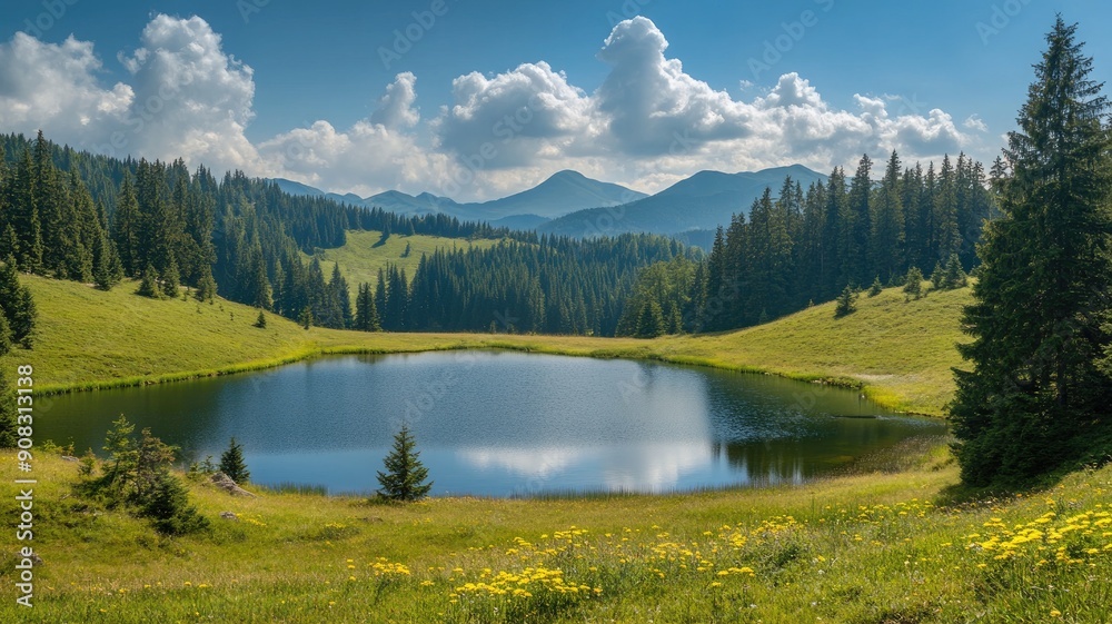 Fototapeta premium Serene mountain lake with lush green surroundings and distant peaks under partly cloudy sky