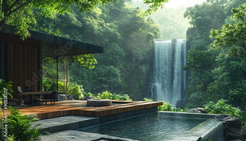 Modern Cabin with Waterfall and Pool in Lush Jungle