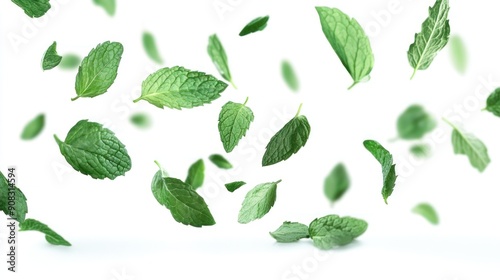 Green Mint Leaves Falling on White Background