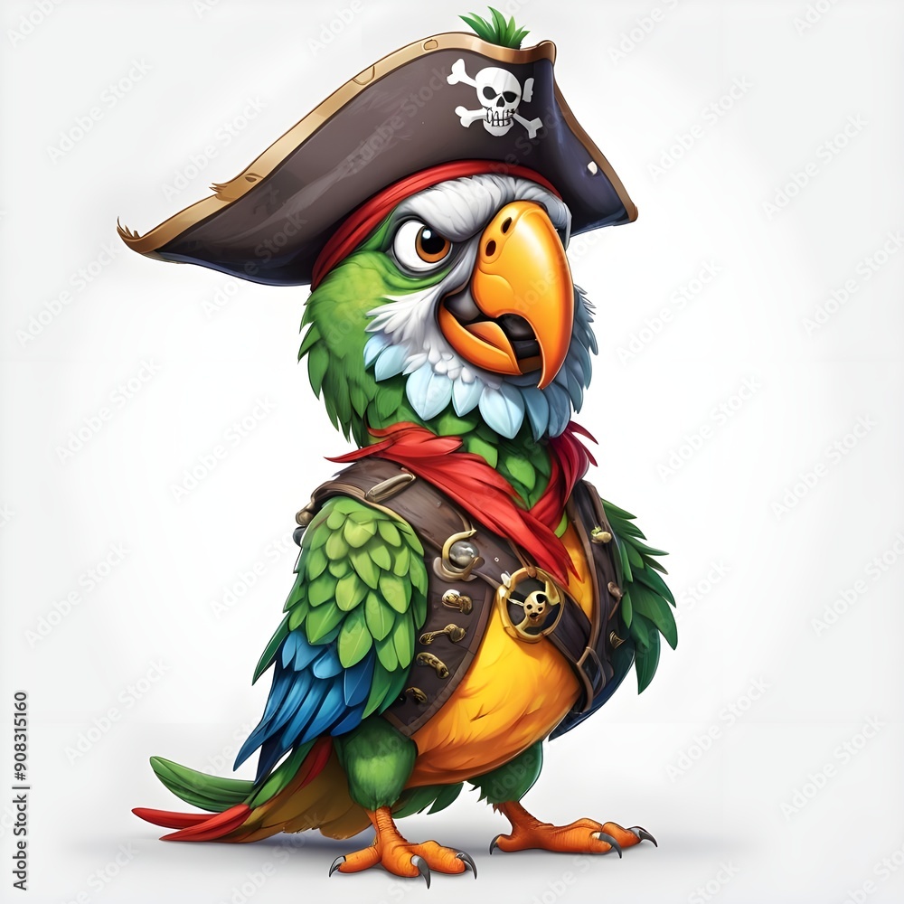 Naklejka premium Pirate parrot cartoon. White background. Generative AI.
