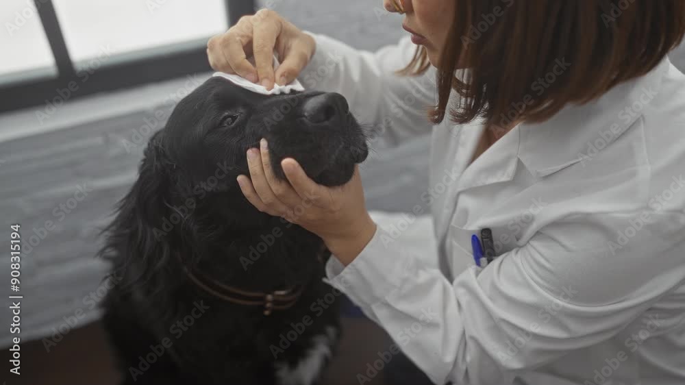 A female veterinarian in a clinic gently cleans the eye of a black labrador, showcasing attentive pet care in an indoor veterinary setting.