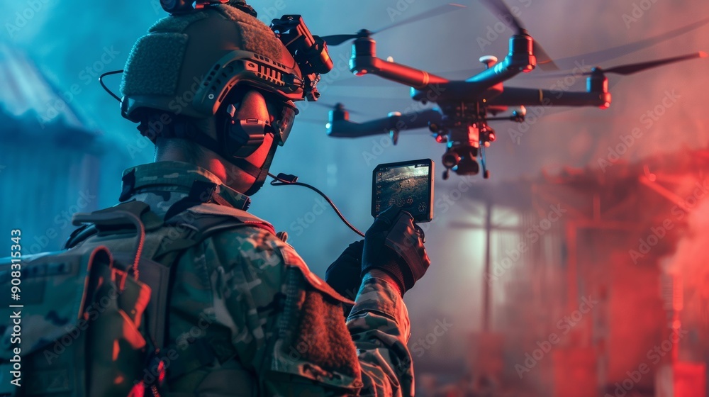 Fototapeta premium Soldier Operating Drone in Field 3