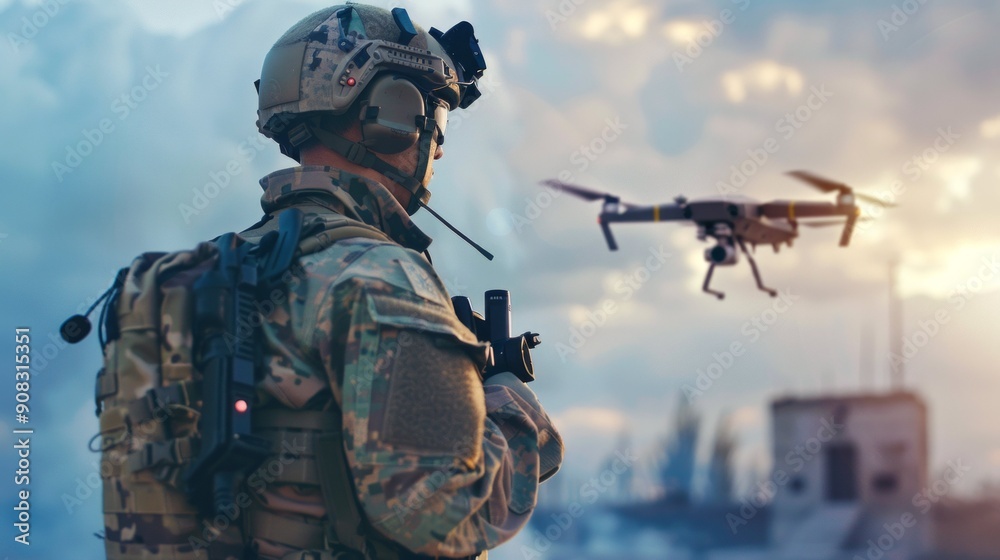 Fototapeta premium Soldier Operating Drone in Field 1