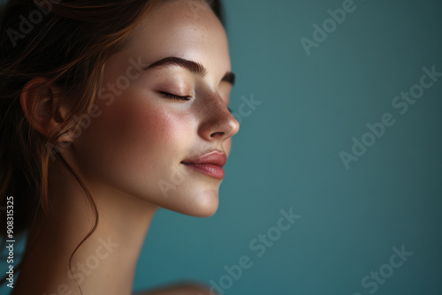 A close up of a girl's face with her eyes closed