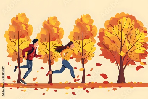 Illustration of people running in autumn park. Healthy lifestyle