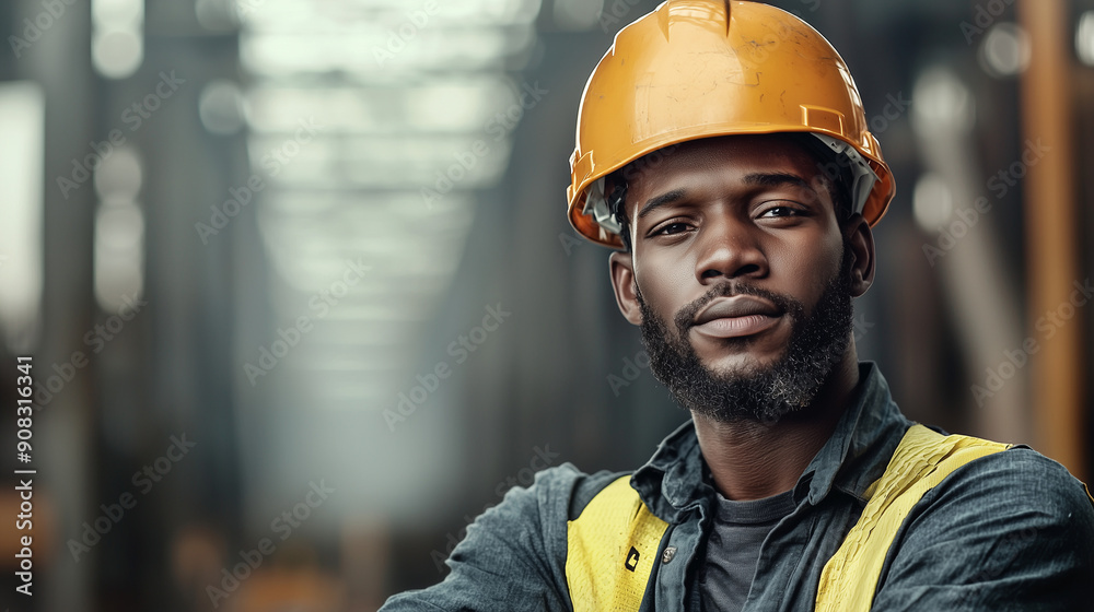 Close up portrait of African american engineer or worker on construction site. Copy space Close up portrait of African american engineer or worker on construction site. Copy space