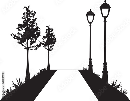 Silhouette of street lamp and tree, Vector silhouette of road sidewalk icon