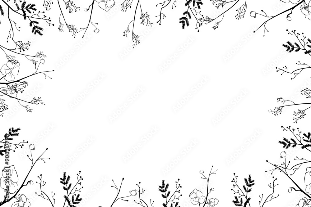 Various twigs with seeds and fern thin branches autumn frame in graphic style hand drawn doodles illustration for use in banner and postcard design Various twigs with seeds and fern thin branches autumn frame in graphic style hand drawn doodles illustration for use in banner and postcard design