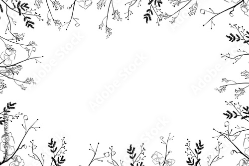 Various twigs with seeds and fern thin branches autumn frame in graphic style hand drawn doodles illustration for use in banner and postcard design