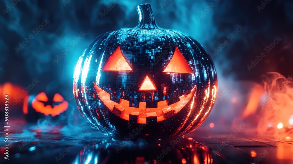 Glowing jack-o'-lantern with disco ball design, surrounded by smoky effects Glowing jack-o'-lantern with disco ball design, surrounded by smoky effects