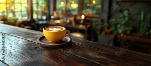 Yellow coffee cup on a wooden table in a warm environment with natural light and plants.