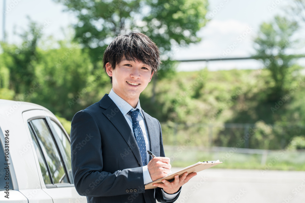 車の査定をするカーディーラの査定士・営業マンの若いアジア人男性
車の査定をするカーディーラの査定士・営業マンの若いアジア人男性