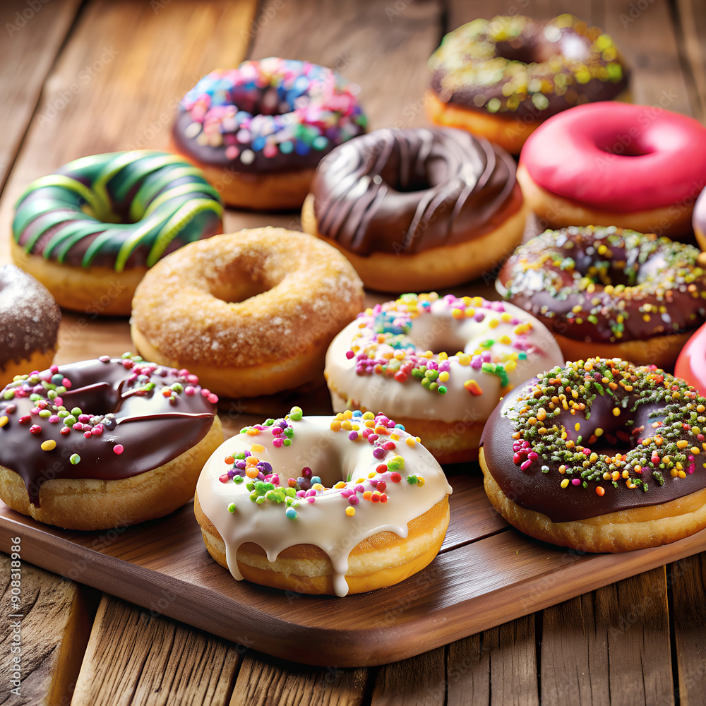 The image displays a wooden tray with a variety of colorful frosted donuts. The donuts are arranged in rows on the tray. The image displays a wooden tray with a variety of colorful frosted donuts. The donuts are arranged in rows on the tray.